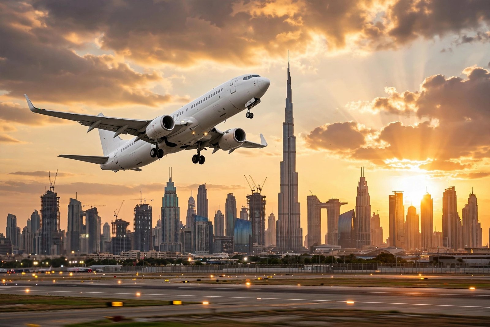 Airplane flying over the Dubai skyline at sunset — cheapest month to fly to Dubai
