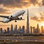 Airplane taking off over Dubai skyline at sunset — Dubai to Pakistan return ticket price guide 2026