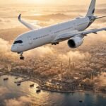 Islamabad to Jeddah flight — airplane over coastal city at sunrise