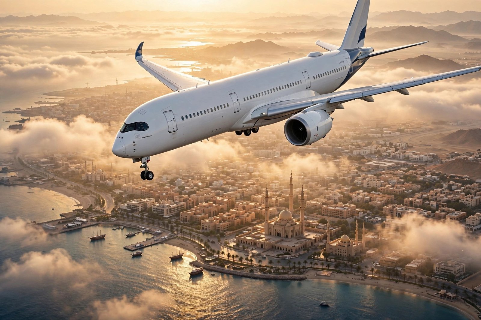 Islamabad to Jeddah flight — airplane over coastal city at sunrise