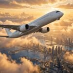 Lahore to Dubai flight — airplane climbing at sunrise over Gulf city