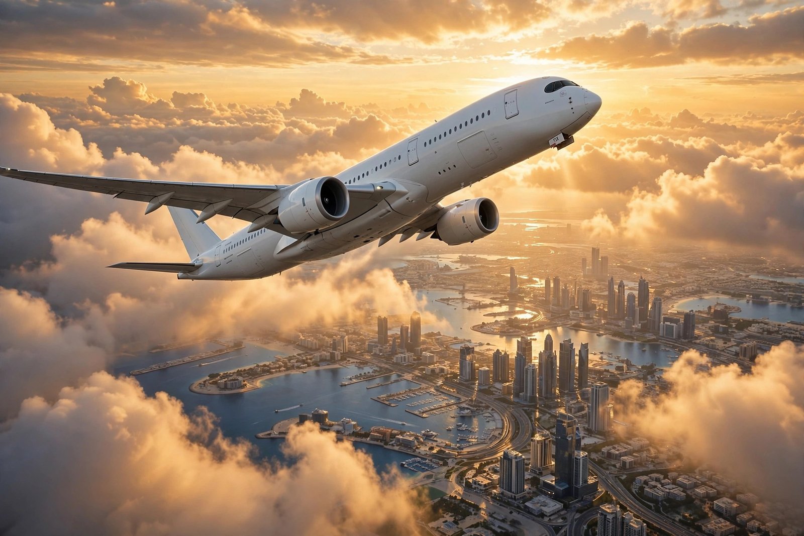 Lahore to Dubai flight — airplane climbing at sunrise over Gulf city
