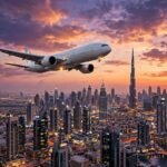 Peshawar to Dubai flight — airplane over Dubai skyline at dusk