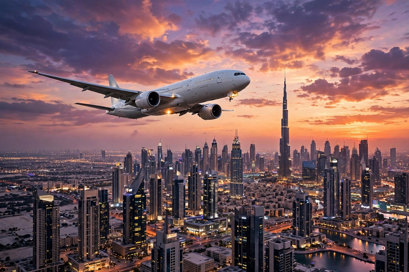 Peshawar to Dubai flight — airplane over Dubai skyline at dusk