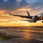 Airplane flying at sunset — domestic flights in Pakistan