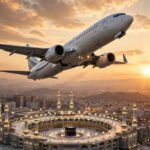 Airplane flying over the Kaaba in Makkah at sunset — Saudia vs PIA for Umrah