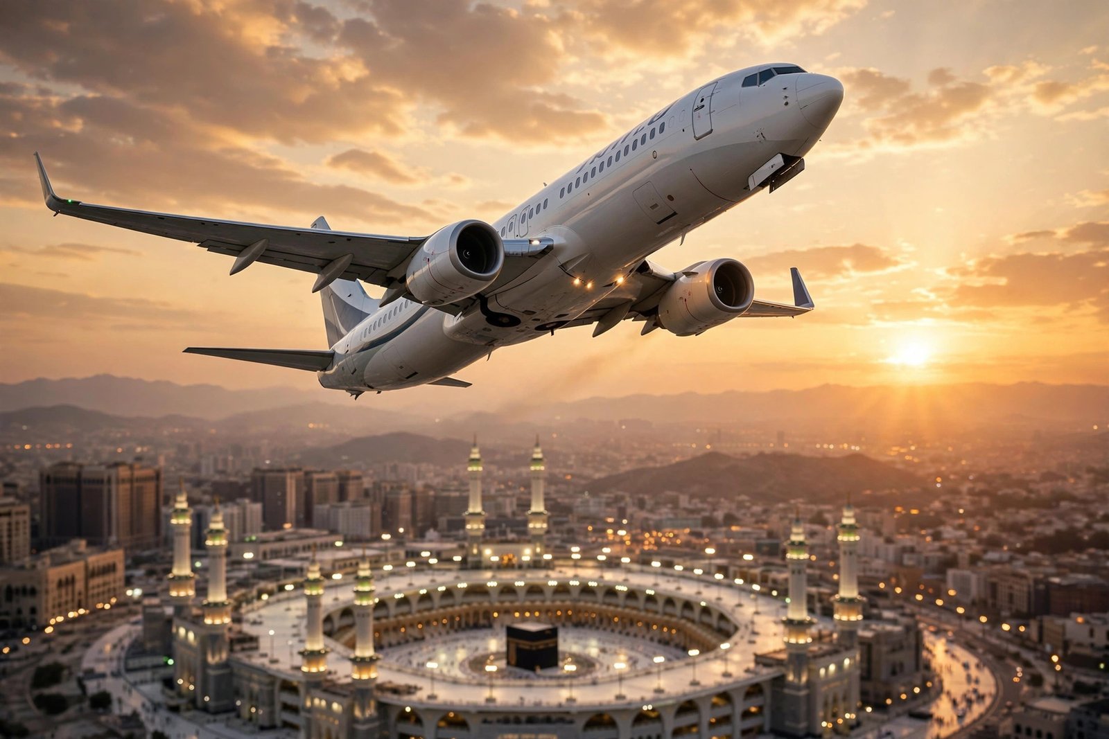 Airplane flying over the Kaaba in Makkah at sunset — Saudia vs PIA for Umrah
