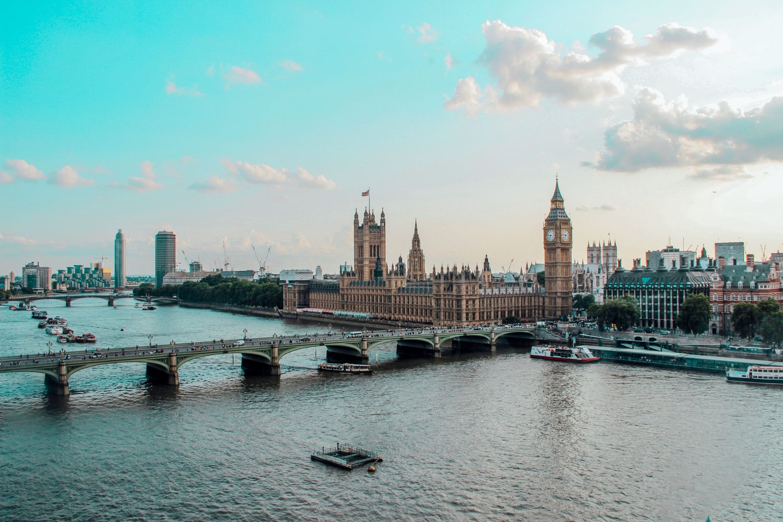 Aerial view of Big Ben and Westminster Palace, London